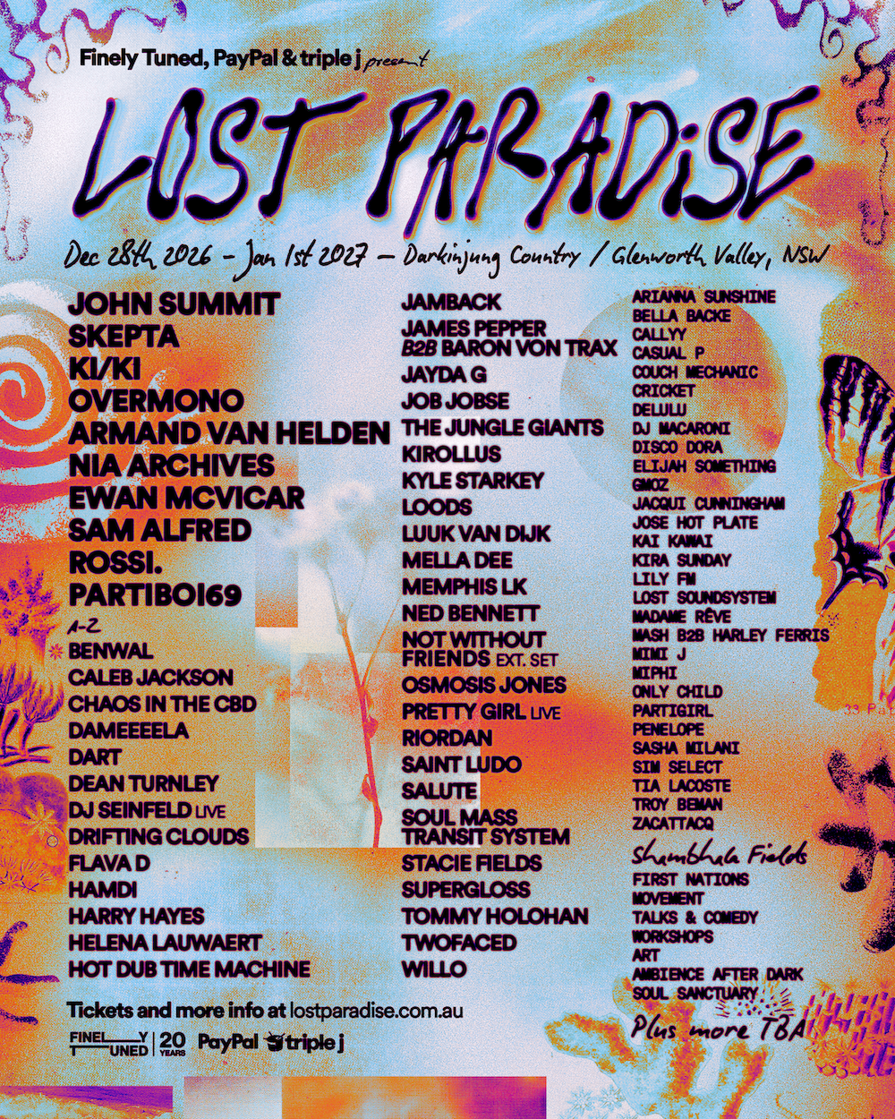 Psychedelic Lost Paradise festival poster listing line-up for Dec 28 2026 - Jan 1 2027 in Glenworth Valley NSW, headlined by John Summit & Skepta.
